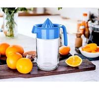 4All Manual Lemon Squeezer Non Electric Hand Press Reusble Fruit Juice Extractor BPA free Lemon Lime Orange Juicer Jug Glass Jar Base Handheld Citrus Press 660ml (Blue)