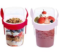 4All Reusable BPA Free 1100ml Museli Pots with Fork & Spoon Pastic Cereal Yogurt Cup On the Go for Overnight Oats Pasta Jar Dishwasher Safe Set of 2 Red,Pink