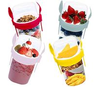 4All Reusable BPA free 1100ml Museli pots with Fork & spoon Plastic Cereal Yogurt Cup On the Go for Overnight Oats Pasta Jar Dishwasher Safe Set of 4 Grey,Yellow,Red,Pink