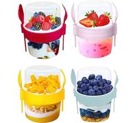 4All Reusable Museli Pots 500ml With Spoon & Lid BPA free Cereal Container Breakfast On the Go Dishwasher safe Lunch Oatmeal Jars Grey,Yellow,Red,Pink