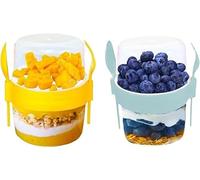 4All Reusable Museli Pots 500ml With Spoon & Lid BPA free Cereal Container Breakfast On the Go Dishwasher safe Lunch Oatmeal Jars Grey,Yellow