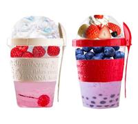 4All Reusable Yogurt Pots 600ml With Spoon Cereal Storage Containers With Lid Airtight Overnight Oats Jar BPA Free Breakfast Cup Cereal On The Go Dishwasher Safe Red,Cream