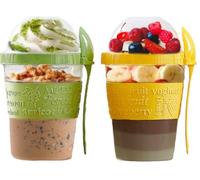 4All Reusable Yogurt Pots 600ml With Spoon & Lid Cereal Containers With Lid Airtight Overnight Oats Jar BPA Free Breakfast Cup Cereal On The Go Dishwasher Safe Set of 2 Green,Yellow