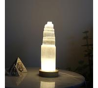 4All Selenite Crystal Rock LED USB Lamp Handmade Dimmable Lamp with 3 Changeable Colours Mountain Tower Lamp Spiritual Energy and Healing Home Decoration Gifts Table Lamp Mineral Wooden Base 20cm