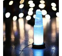 4All Selenite Crystal Rock LED USB Lamp Handmade Multi-Colour Mountain Tower Lamp Spiritual Energy and Healing Meditation Home Decoration Gifts Table Lamp Mineral Wooden Base (15cm)