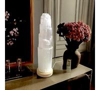 4All Selenite Crystal White Light LED USB Lamp Handmade Mountain Tower Lamp Spiritual Energy and Healing Meditation Home Decoration Gifts Table Lamp Mineral Wooden Base (20cm)