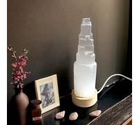 4All Selenite Crystal White Light LED USB Lamp Handmade Mountain Tower Lamp Spiritual Energy and Healing Meditation Home Decoration Gifts Table Lamp Mineral Wooden Base (15cm)