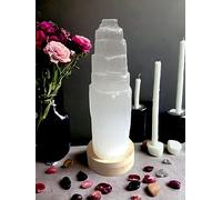 4All Selenite Crystal White Light LED USB Lamp Handmade Mountain Tower Lamp Spiritual Energy and Healing Meditation Home Decoration Gifts Table Lamp Mineral Wooden Base (30cm)