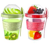 4All Yogurt Pots Spoon Reuseable 600ml Museli Cup With Lid Overnight Oats container20oz BPA free Breakfast Lunch Oatmeal Jars On the GO Snack Container Travel Meal Food Container (Red,Green)