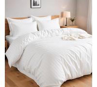 4AS Single Duvet Cover Set with Pillowcase - Soft Microfiber Striped Bedding Set, Wrinkle Resistant Quilt Cover with Durable Button Closure (White, 137x200cm)