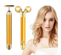 4beauty Therapy Energy Bar Electric Vibration Facial Massage V shape Roller Waterproof Face Skin Care T-Shaped Anti Wrinkle Massager for Forehead Cheek Neck Clavicle Arm (Gold Colour)