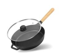 4BIG.fun Brizoll Cast Iron Frying Pan Diameter 26 cm 54 mm Deep with Glass Lid Cast Iron Frying Pan Round with Wooden Handle Induction for All Hobs