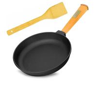 4big.Fun Cast Iron Frying Pan with Removable Wooden Handle and Spatula 22 cm Suitable for Induction Hobs All Types of Cookers 17 cm Base Diameter