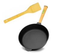 4big.Fun Cast Iron Frying Pan with Removable Wooden Handle and Spatula 28 cm Suitable for Induction Hobs All Types of Cookers