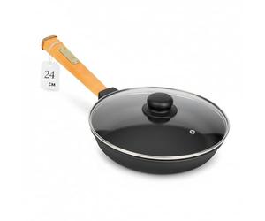 4BIG.fun Diameter 24 cm Cast Iron Pan with Glass Lid 47 mm High Wooden Handle Removable Frying Pan Cast Iron Pan Suitable for Gas Grill, Oven, Fire Pit Induction and All Hob Types