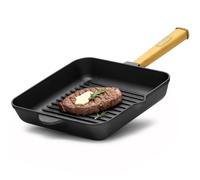 4BIG.fun Grill Pan 28 cm with Wooden Handle Cast Iron Steak Pan Suitable for Gas Grill, Oven, Fire Pit, All Hobs Including Induction