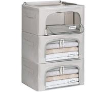 4CONVY Foldable Clothes Storage Boxes with Steel Frame - Stackable Storage Bags with Zipper - Collapsible Wardrobe Organiser for Clothes, Bedding with Clear Window & Durable Handles - 3x24L