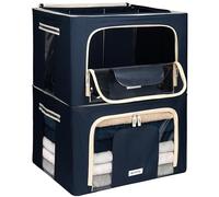 4CONVY Foldable Clothes Storage Boxes with Steel Frame - Stackable Storage Bags with Zipper - Collapsible Wardrobe Organiser for Clothes, Bedding with Clear Window & Durable Handles - 2x66L