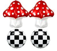 4D Mushroom and Checkered Balloon Set, Red Toadstool Foil Balloons with Black White Checkered Balloons for Mario Party/Alice in Wonderland Party Decorations/Fairy Party Supplies