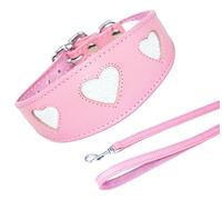 4doggies Pink With Glitter Heart Collar Lead Set 3 Sizes Padded And Suede Backing Whippet Greyhound Dog Collar (12-14 Inch Whippet)