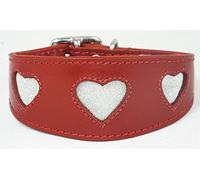 4doggies Red Leather Collar With Glitter Hearts Suede Backing 3 Sizes Whippet Greyhound Collar (12-14 Inch Whippet)