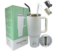 4EVA4 1182ml Travel Mug 40oz Tumbler with Straw and Lid, Stainless Steel Double Wall Vacuum Insulated Coffee Mug for Hot and Cold Coffee, Travel Mug with Handle, Coffee Mug for On The Go (White)