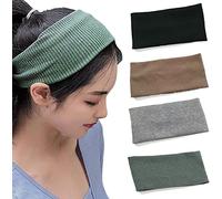4EVER 4 Pack Boho Headbands Vintage Head Wrap Yoga Workout Bandana Turban Solid Color, Wicking Non-Slip Head Wraps, Best Looking Hairband Sports or Fashion, green, black, light brown, grey, Universal
