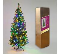 SHATCHI 4Ft/1.2m Pre-Lit Green Christmas Slim Pine Narrow Xmas Tree, Pointed Tips, Metal Stand, Multicolour LED Lights, Holiday Home Decorations, 120 cm