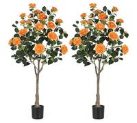 4FT Artificial Camellia Tree with Blooming Orange Flowers 2 Pack