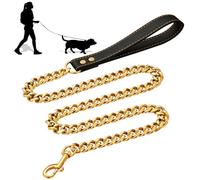 4ft Heavy Duty Gold Dog Chain Leash with Pu Leather Handle,19mm Wide Thick Solid Stainless Steel Chew Proof Cuban Link Chains Dog Leashs for Medium Large Dogs