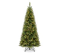 4FT Pre-Lit Pencil Christmas Tree with 120 LED Lights and 240 PVC Branch Tips, Artificial Slim Narrow Green Xmas Trees, Bushy Christmas Tree with Metal Stand Easy to Assemble, 120cm - Green