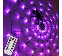 4Ft Purple Spider Web Lights, 70 Led Remote Control With 8 Modes, Waterproof For Indoor Outdoor Halloween House & Garden Decor