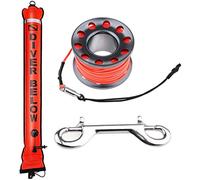 4ft Red Scuba Diving Open Bottom Surface Marker Buoy (SMB) with 49ft Finger Spool Alloy Dive Reel and Double Ended Bolt Clip - Gray