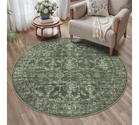 4ft Round Washable Area Rugs for Living Room, Vintage Boho Large Rug for Bedroom Dining Room Office, Distressed Floral Print Carpet for Under Table, Soft Non Slip Low Pile Throw Indoor Mat, Green
