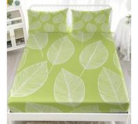 4ft Small Double Bed 3 Piece Fitted Sheets Set 48x75 inch & 30cm Deep Pockets, HandDrawn Leaf Pattern Hypoallergenic Brushed Microfiber Fitted Sheet, Green Skin Friendly Bedding Sets