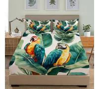 4ft Small Double Bed 3 Piece Fitted Sheets Set 48x75 inch & 30cm Deep Pockets, Tropical Banana Leaf Parrot Hypoallergenic Brushed Microfiber Fitted Sheet, Green Soft and Skin Friendly Bedding Sets
