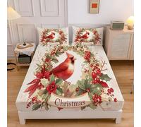 4FT-Small Double Fitted Bed Sheet, Cardinal Christmas Wreath Breathable Microfiber Bedding Sheet with 2 Pillowcases, Elasticated Corners Machine Washable 120x190cm Animals Flowers Fitted Sheets