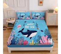 4FT-Small Double Fitted Sheet 120x190cm with 2 Pillowcases, Blue, Brushed Microfiber Ultra Soft 4FT-Small Double Bed Sheets,Breathable 30 cm Deep Seabed Animals Whales Jellyfish Fitted Sheets
