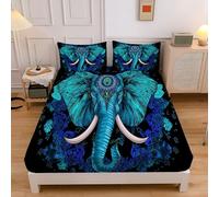 4FT-Small Double Fitted Sheet 120x190cm with 2 Pillowcases, Green, Brushed Microfiber Ultra Soft 4FT-Small Double Bed Sheets,Breathable 30 cm Deep Abstract Animals Mandala Elephant Fitted Sheets
