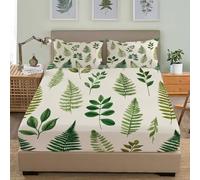 4ft Small Double Fitted Sheet Set 48x75 inch Deep Pocket 30 cm Soft Microfibre Tropical Plant Prints Bedding Sets, Green Fitted Sheet Resistant Shrink & Fade Easy Care with 2 Pillowcases