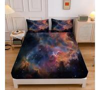 4FT-Small Double Fitted Sheet Universe Starry Sky Purple Bed Sheets Extra Deep 12inch, Space Nebula Soft Brushed Microfiber Fitted Sheets Set for Children and Adults with 2x Pillowcases