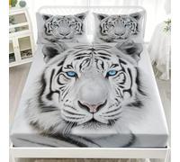 4ft Small Double Fitted Sheets 48x75 inch - 30cm Deep Pocket Fitted Bed Sheet - Animals 3D Close Up Of A White Tiger Soft Brushed Microfibre Bedding, Hd Wrinkle & Shrink Resistant Bottomsheet