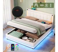 4ft6 Double Beige Velvet Ottoman Bed Frame with LED Lights & USB/Type-C Charging & Adjustable Headboard Matteo Beige Double