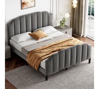 4ft6 Double Grey Velvet Upholstered Bed Frame with Adjustable Channel-Tufted Headboard & Solid Wood Slats - Easy Assembly Matteo Grey Double