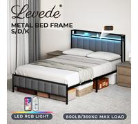 (4FT6 Double) Levede Upholstered LED Storage Bed Frame All Sizes