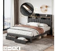 4Ft6 Double Upholstered Bed With 2 Storage Drawers, Riveted Storage Bed With Charging And Lighting, Easy Assembly, Grey