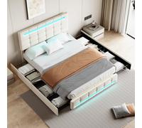 4Ft6 Double Upholstered Bed With Led Lighting And Storage Drawers, Storage Bed Frame With Adjustable Button Tufted Headboard,beige