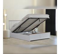 (4ft6 Double, With Tanya Mattress) White Wooden Gas Lift Ottoman Storage Bedframe 3ft 4ft 4ft6 5ft