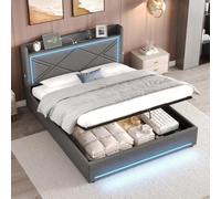 4ft6 Grey Upholstered Ottoman Bed Frame with Storage Hydraulic Lift LED Lighting & Charging Station Linen Fabric Functional Slatted Design No Mattress Included
