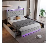 4ft6 Upholstered Double Bed with 4 Storage Drawers, Velvet Headboard, LED Light Strips, Suitable for Bedroom, 206L x 143W x 115H cm, Grey Aosom.UK